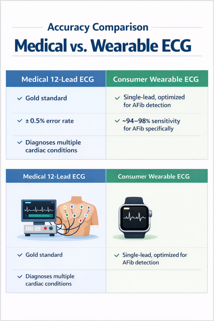 Infographic comparing medical 12-lead ECG (±0.5% error) vs consumer wearable single-lead ECG (~94–98% AFib sensitivity).