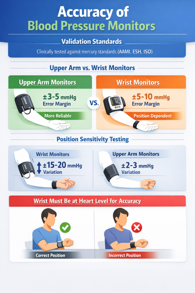Infographic comparing blood pressure monitor accuracy: validated upper arm monitors ±3–5 mmHg vs wrist monitors ±5–10 mmHg, with wrist readings varying ±15–20 mmHg if not at heart level.