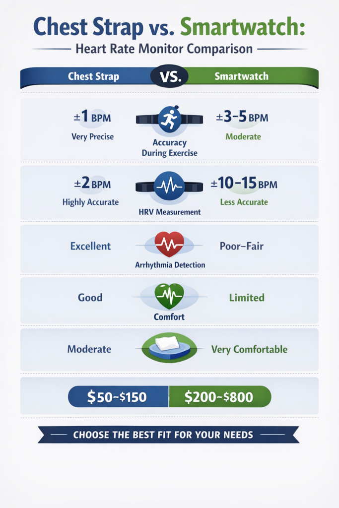 Infographic comparing chest strap and smartwatch heart-rate monitors: accuracy, HRV, arrhythmia detection, comfort, price.
