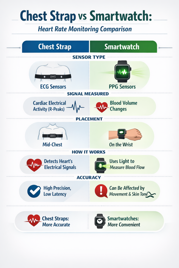 Infographic comparing chest strap vs smartwatch heart rate monitoring by sensor type, placement, accuracy, and how each works.