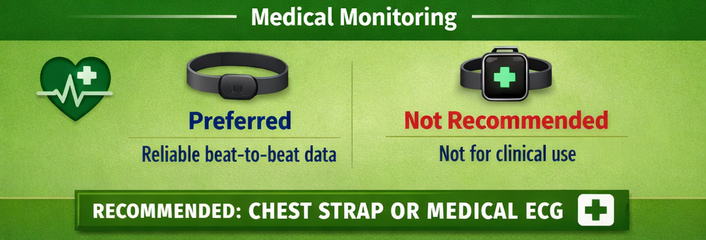 Green infographic: chest strap (preferred — reliable beat-to-beat ECG) vs smartwatch (not recommended for clinical use).