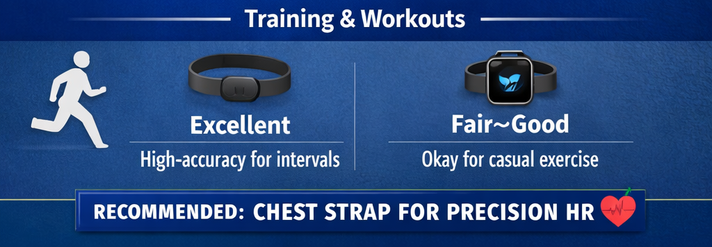 Blue infographic: chest strap excellent for interval/precision HR; smartwatch fair–good — okay for casual exercise.