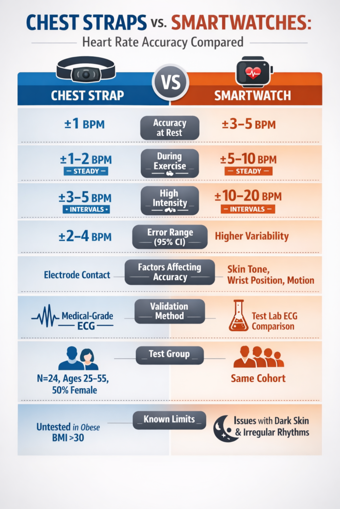Infographic comparing chest strap and smartwatch heart-rate accuracy, BPM error ranges, validation method, and known limits.