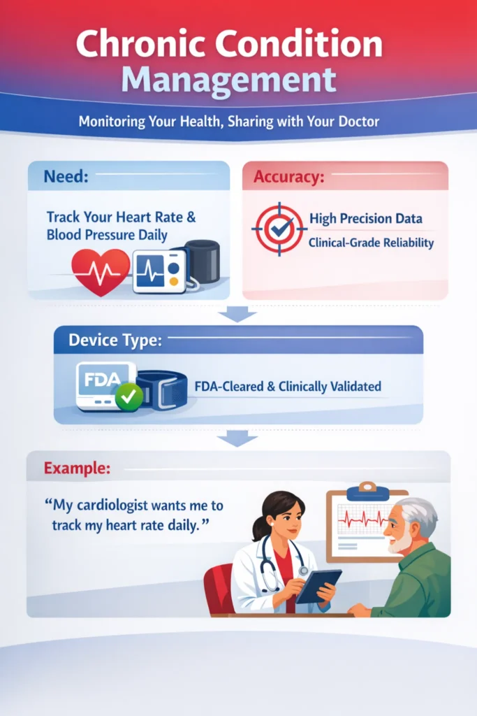 Infographic: chronic condition management — daily heart rate & blood pressure tracking with FDA-cleared, clinically validated devices.