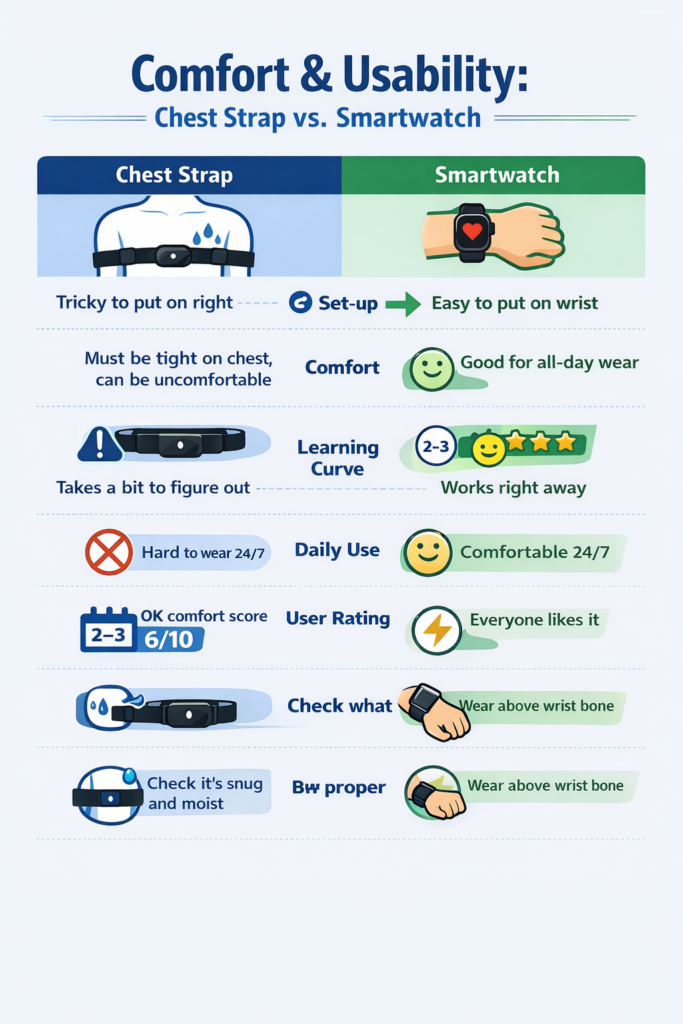Comfort and usability comparison infographic for chest strap vs smartwatch: setup, comfort, learning curve, daily use, and placement tips.