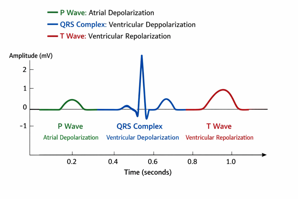 ECG Waveform Diagram Showing P Wave, QRS Complex, and T Wave Labeled ECG waveform showing P wave atrial depolarization, QRS complex ventricular depolarization, and T wave ventricular repolarization over time.