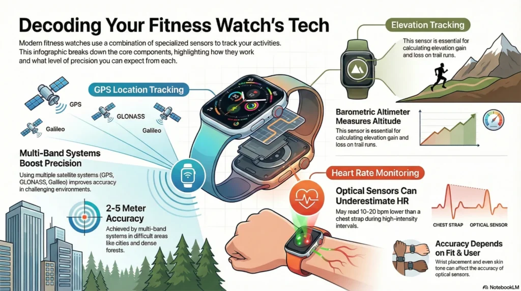 Fitness Watch Technology Explained — Sensor & Accuracy Infographic Infographic explaining fitness watch technology including GPS multi-band tracking, heart rate optical sensors, barometric altimeter, and elevation tracking.