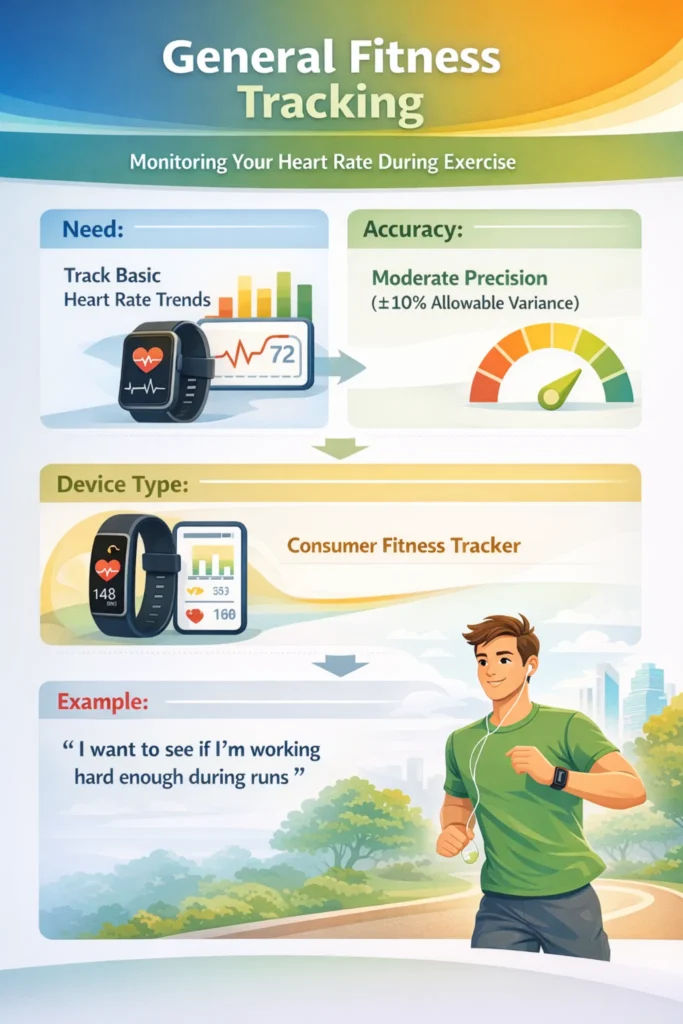 Infographic: general fitness tracking — consumer fitness tracker for basic heart-rate trends during exercise (±10% accuracy).