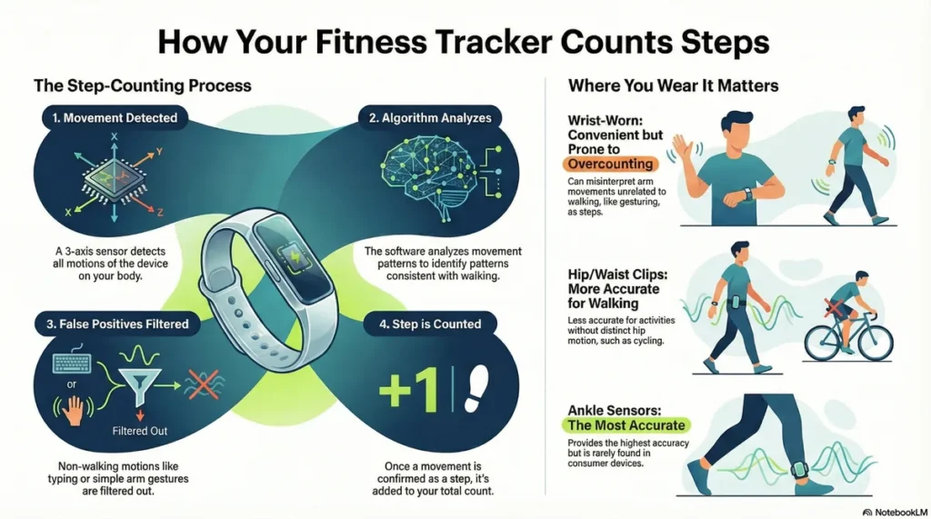 Infographic showing how fitness trackers count steps and how wear location affects accuracy.