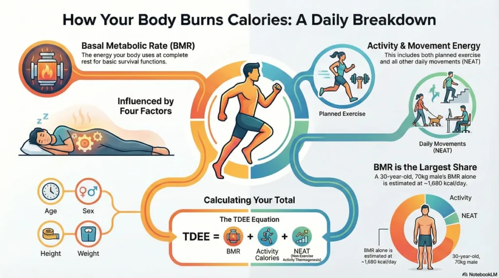 Infographic explaining how the body burns calories through basal metabolic rate, activity, and daily movement.