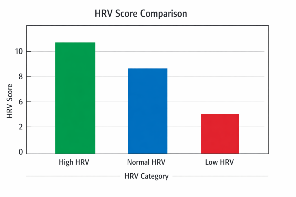 HRV Score Categories Chart (High vs Normal vs Low) Bar chart comparing HRV score categories: high HRV, normal HRV, and low HRV for baseline interpretation and recovery status.