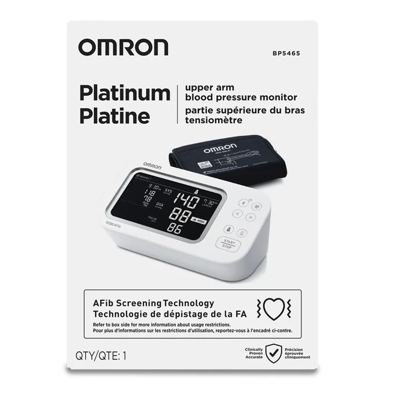 Omron Platinum BP5465 upper arm blood pressure monitor box packaging.