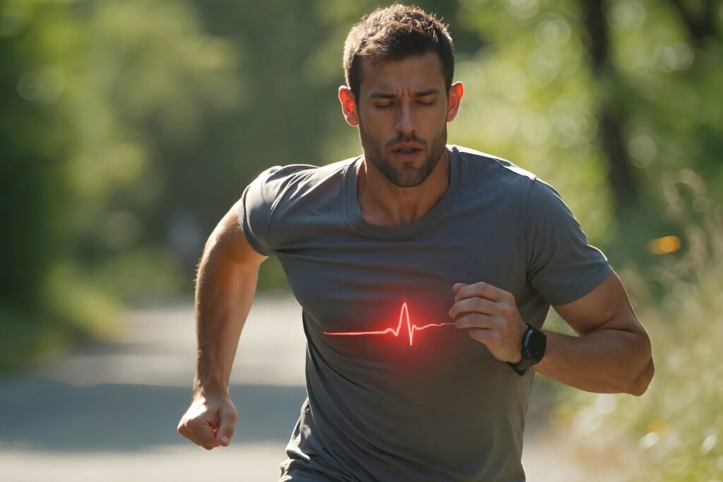 Runner monitoring heart rhythm on smartwatch with ECG-style pulse alert for heart condition awareness