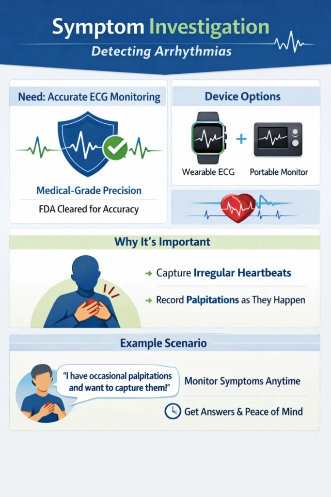 Infographic showing FDA-cleared wearable ECG and portable monitor options to capture palpitations and detect arrhythmias.