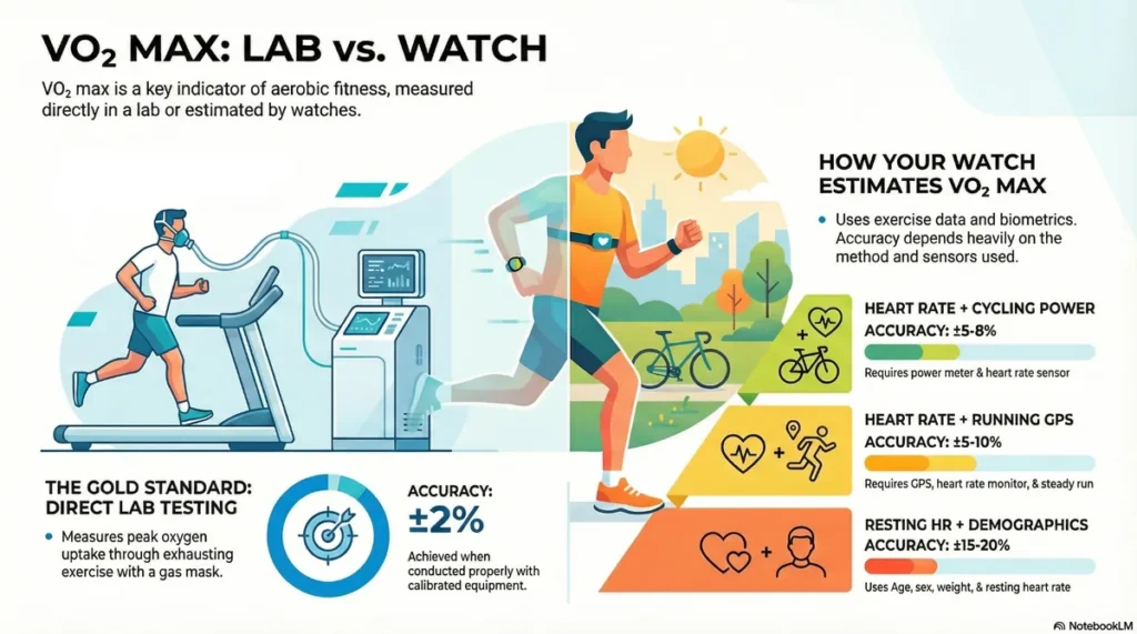 Infographic comparing VO₂ max lab testing with smartwatch estimates and their accuracy ranges.