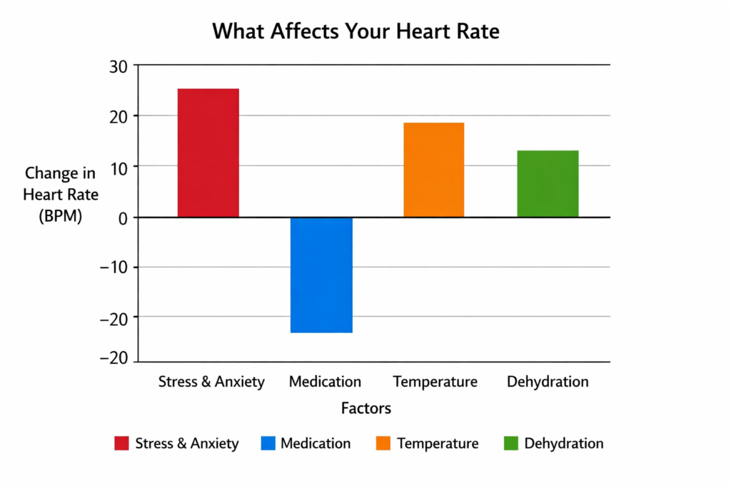 What Affects Your Heart Rate: Stress, Medication, Temperature, and Dehydration (BPM) Bar chart showing how stress and anxiety, medication, temperature, and dehydration affect heart rate (BPM).