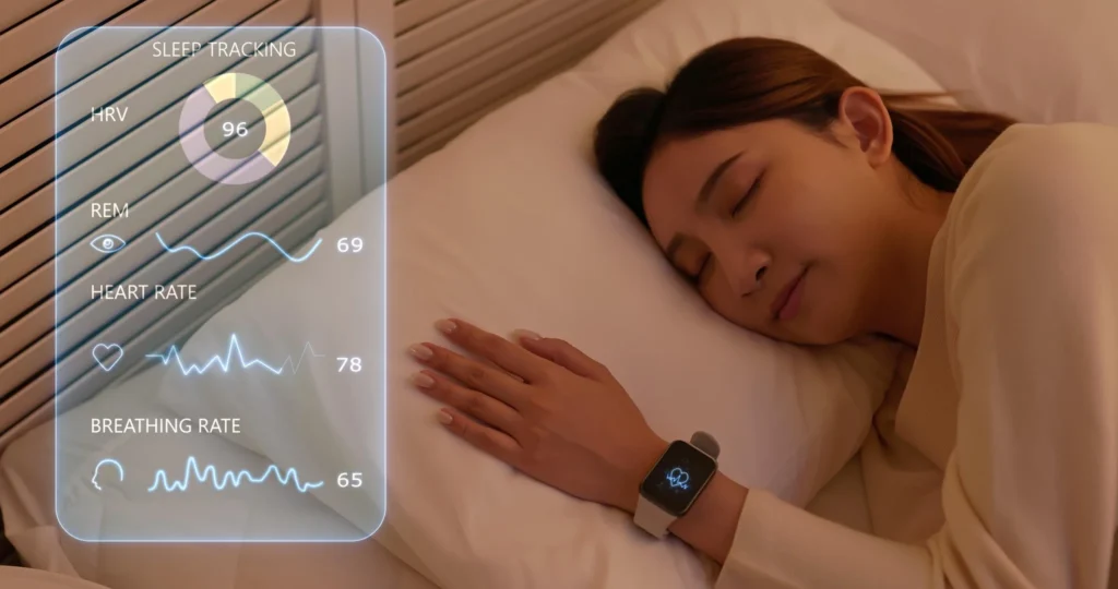 Person sleeping while wearing a smartwatch that tracks HRV, REM sleep, heart rate, and breathing rate overnight.