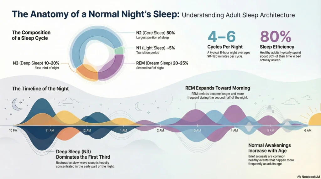 Infographic explaining the anatomy of a normal night’s sleep, showing N1, N2, N3 deep sleep, and REM stages, their percentages, cycle timing, and how REM sleep increases toward morning.