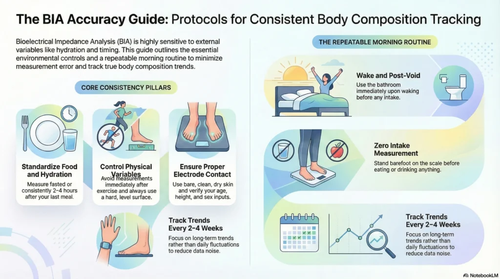 bia-accuracy-guide-consistent-body-composition-tracking-2026 Infographic showing proper bioelectrical impedance measurement routine including fasting, hydration control, morning testing, and long term trend tracking.