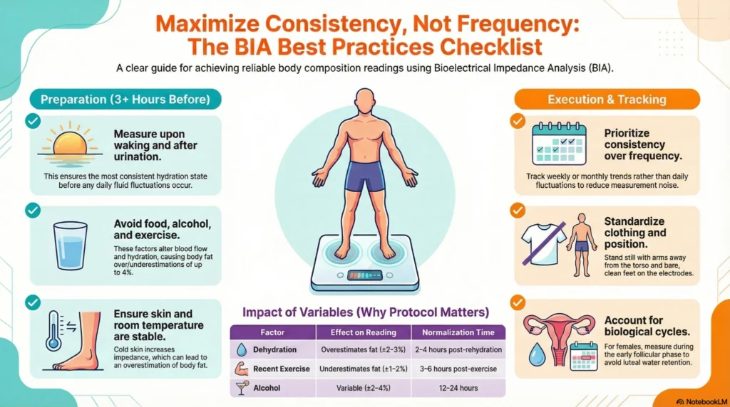 Infographic showing bioelectrical impedance analysis best practices including hydration control, exercise timing, and consistent measurement protocols for Body Weight 