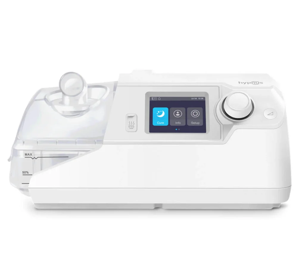 BiPAP machine device with humidifier chamber and control display for non-invasive ventilation therapy.