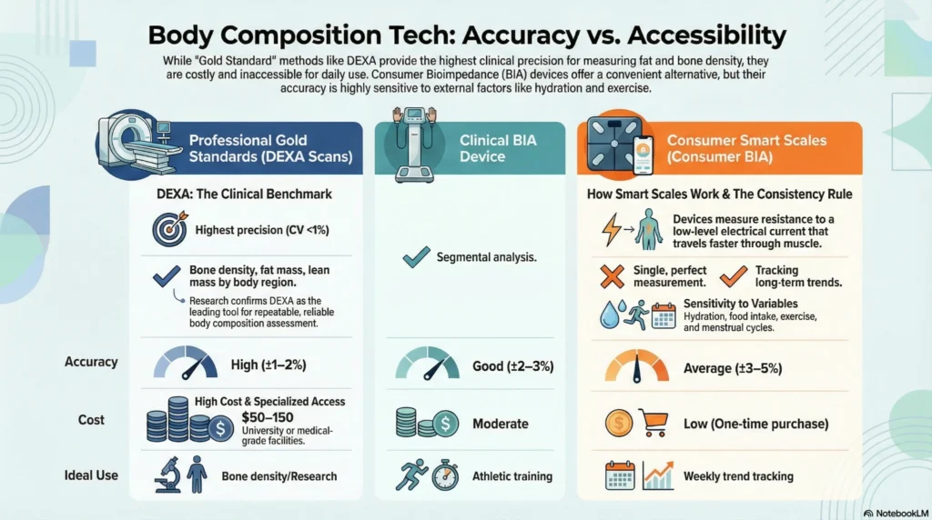 Infographic comparing DEXA scans, clinical BIA devices, and consumer smart scales for body composition accuracy, cost, and ideal use.