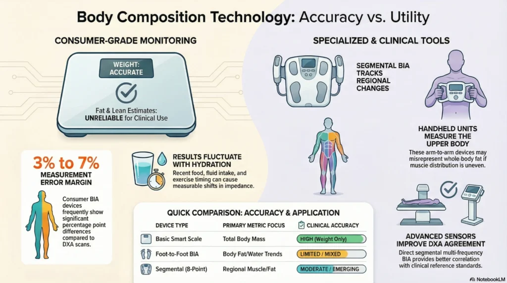 Infographic comparing consumer BIA smart scales and clinical body composition tools, showing 3–7% error margin and improved accuracy with segmental multi-frequency devices.