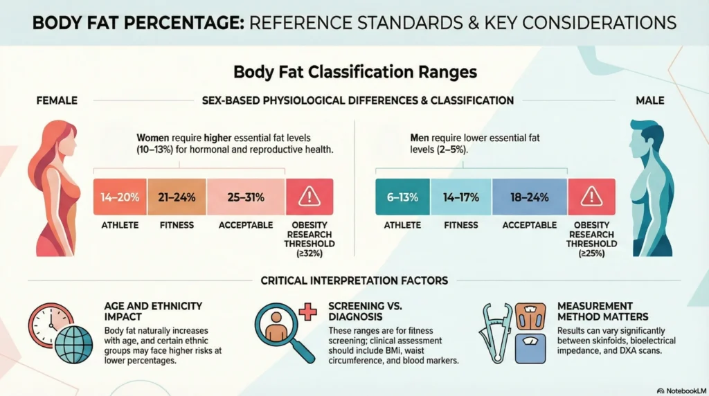body-fat-percentage-reference-standards-infographic-2026 Infographic showing body fat percentage classification ranges for males and females including athlete, fitness, acceptable, and obesity thresholds.