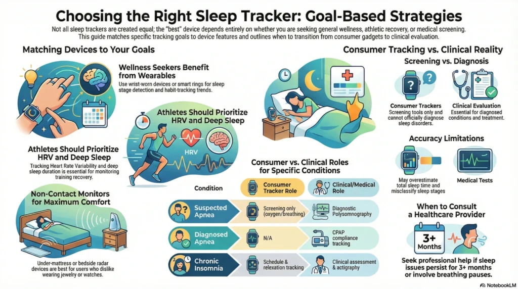 Infographic comparing sleep trackers by goal, showing when to use consumer wearables, non-contact sleep monitors, or clinical sleep studies for wellness, athletic recovery, insomnia, and sleep apnea.
