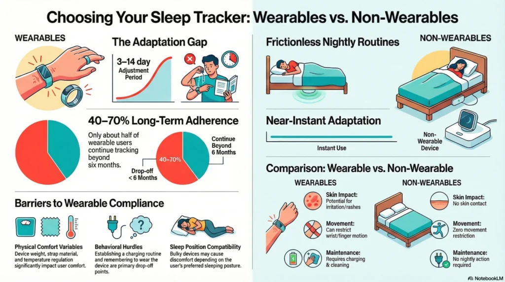 Infographic comparing wearable and non-wearable sleep trackers, highlighting comfort, adherence, adaptation time, and usability.