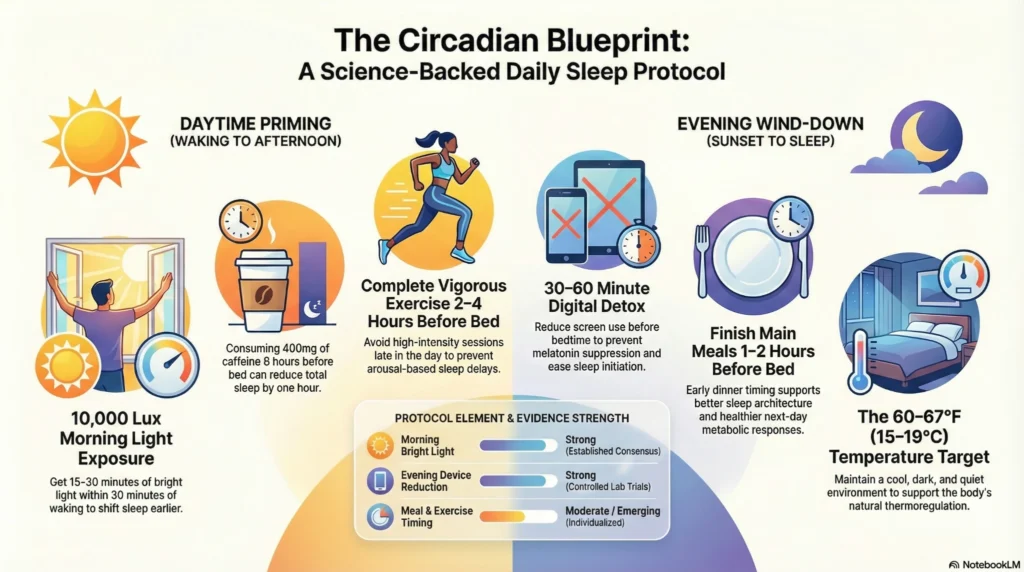 Infographic showing a circadian blueprint for sleep, outlining morning light exposure, daytime exercise and caffeine timing, evening digital detox, meal timing, and optimal bedroom temperature.