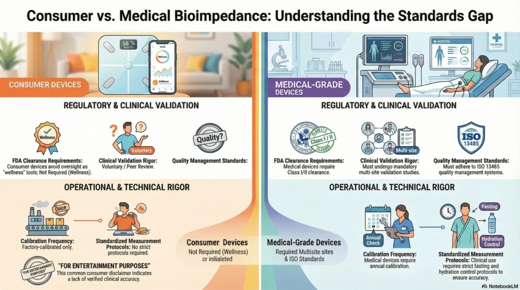 consumer-vs-medical-bioimpedance-standards-gap-infographic-2026 Infographic comparing consumer bioimpedance scales and medical grade body composition devices including validation standards, calibration protocols, and regulatory requirements.