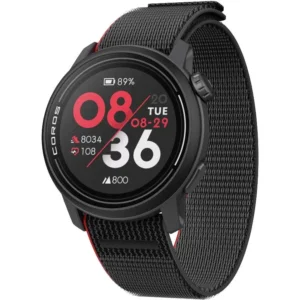 COROS PACE 3 GPS running watch with lightweight nylon band, round display showing heart rate, steps, battery level, and training metrics.