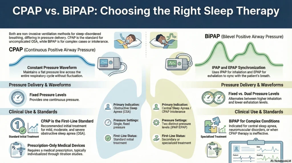 CPAP vs BiPAP sleep therapy comparison infographic showing pressure waveforms, clinical indications, and treatment differences for sleep apnea