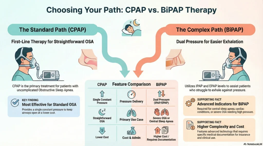 Infographic comparing CPAP and BiPAP therapy for sleep apnea, showing pressure delivery, primary use cases, complexity, and cost differences.