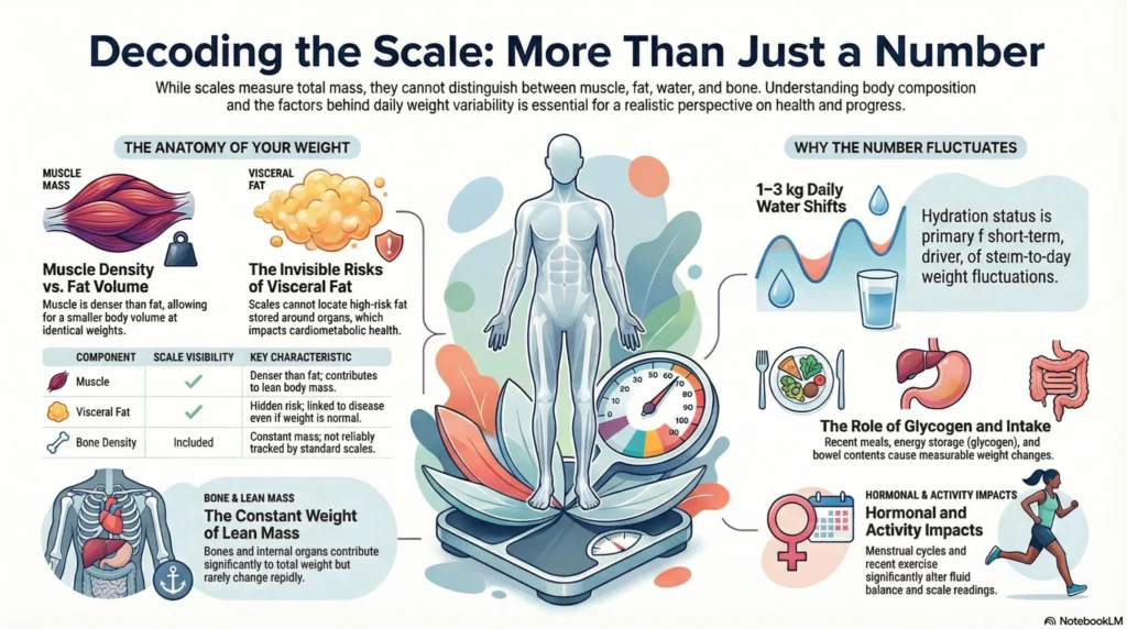 decoding-the-scale-weight-variability-body-composition-infographic-2026 Infographic explaining daily weight fluctuations from water shifts, glycogen intake, hormones, and differences between muscle and fat mass.