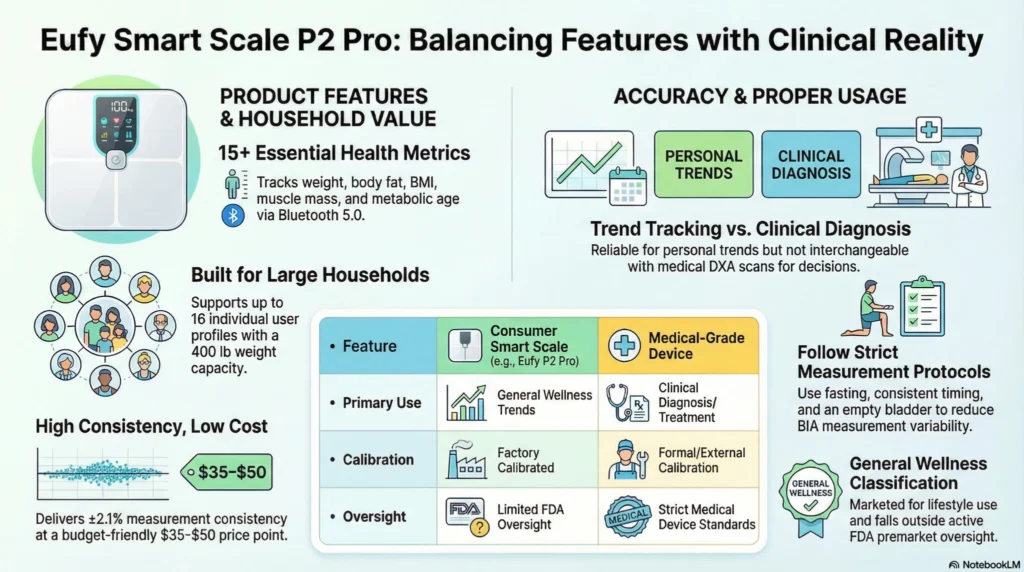 Infographic reviewing Eufy Smart Scale P2 Pro features, accuracy standards, household capacity, and comparison between consumer smart scales and medical-grade body composition devices.
