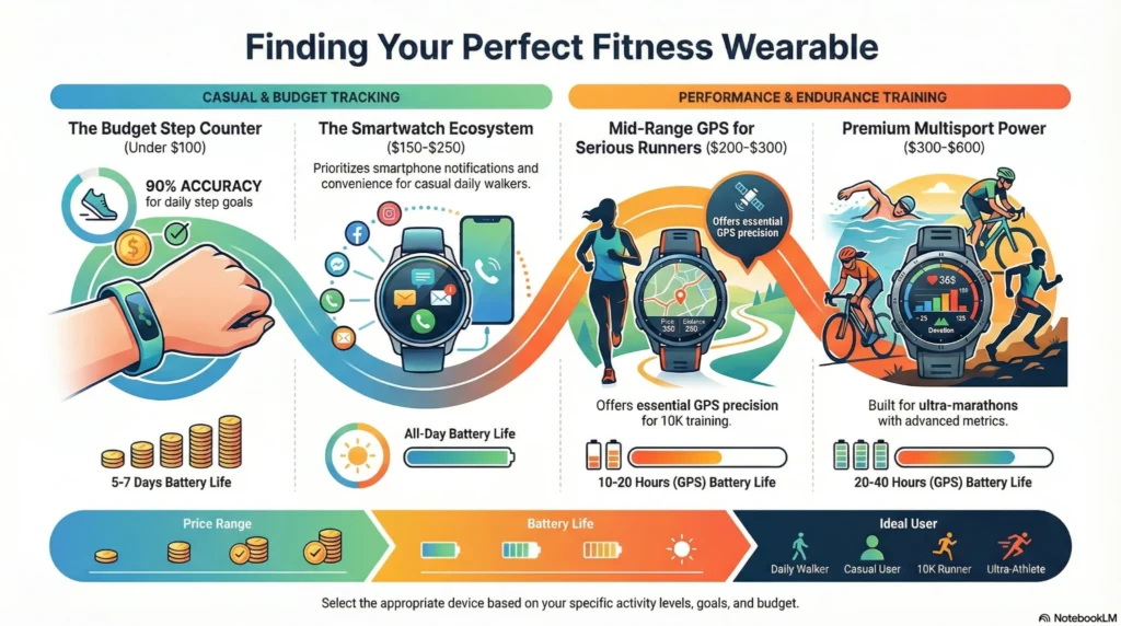 Infographic comparing fitness wearables by budget, smartwatch features, GPS accuracy, battery life, and ideal user types from casual walkers to ultra-endurance athletes.