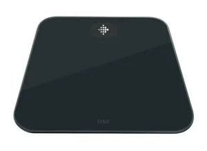 Fitbit Aria Air smart scale in black glass design with Bluetooth weight tracking functionality.