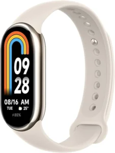 Xiaomi Band 8 fitness tracker band with AMOLED display showing time, date, battery level, and activity indicators, designed for daily health and activity tracking.