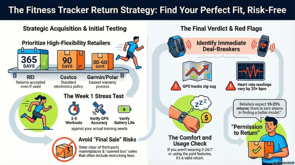Infographic explaining a fitness tracker return strategy, showing retailer return windows after buying fitness trackers, week-one testing for GPS accuracy, heart rate reliability, battery life, comfort checks, and red flags for returning a wearable device.