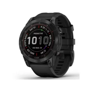 Garmin Fenix 7 Sapphire Solar GPS smartwatch with black DLC titanium case and band, built for multisport training, outdoor navigation, and long battery life.