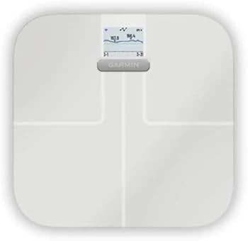 Garmin Index smart scale in white with digital display and body composition measurement sensors.