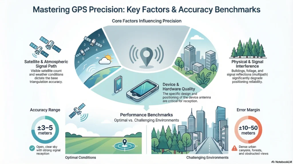 gps-precision-accuracy-factors-benchmarks-infographic Infographic explaining GPS precision, showing how satellite visibility, device hardware, and environmental interference affect accuracy ranges in open areas versus urban environments.
