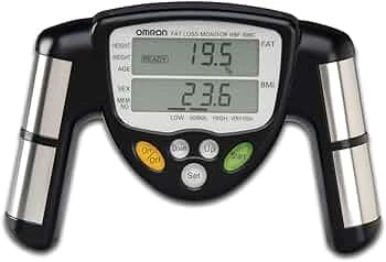 Handheld bioelectrical impedance body fat analyzer with dual metal grips and LCD display showing body fat and BMI measurements.
