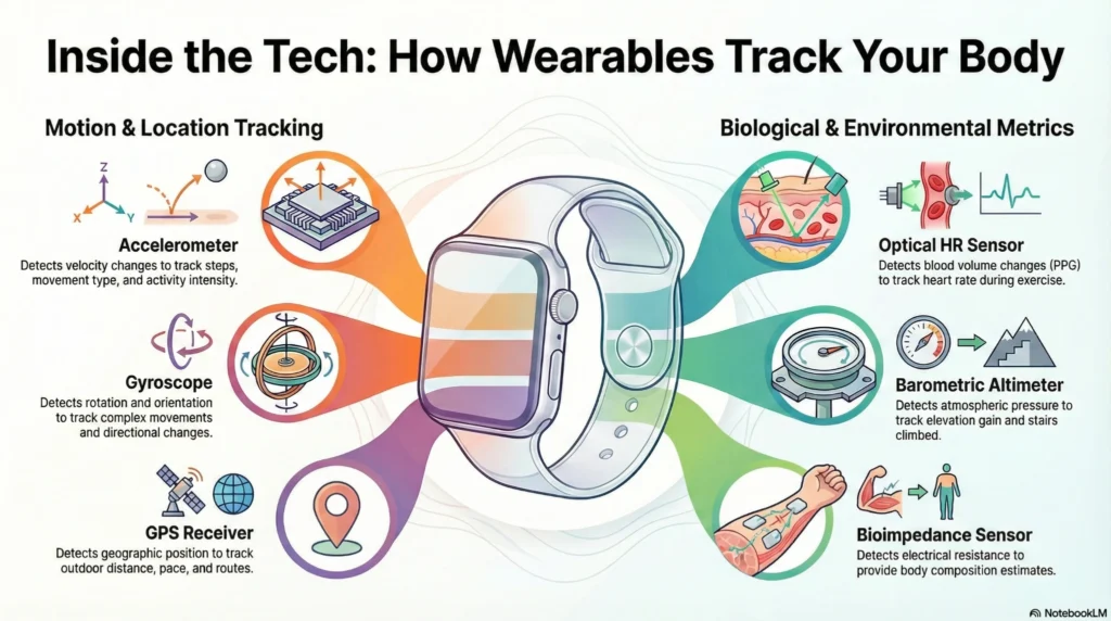 how-wearables-track-your-body-sensors-infographic Infographic showing how wearable devices track the body using sensors such as accelerometer, gyroscope, GPS, optical heart rate, barometric altimeter, and bioimpedance.