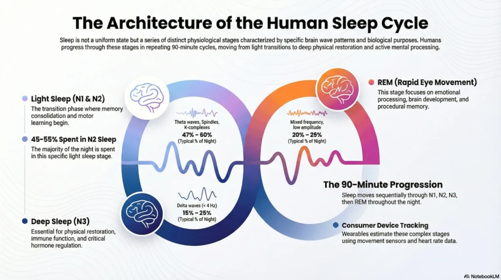 Diagram illustrating the architecture of the human sleep cycle, showing N1 and N2 light sleep, N3 deep sleep, REM sleep, and their typical percentages across repeating 90-minute cycles.