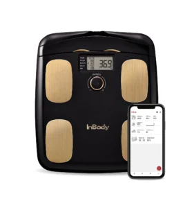 InBody H20N smart scale with gold electrode sensors and companion mobile app displaying body composition metrics.