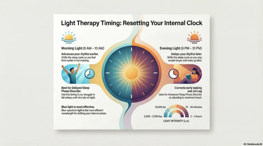 Infographic explaining light therapy timing, showing how morning and evening light exposure affects circadian rhythm, sleep phase shifts, and internal clock reset.