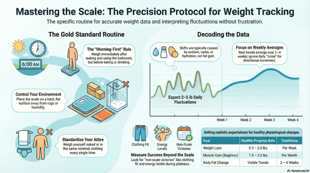 Infographic explaining a morning first weight tracking routine, weekly averages, daily fluctuations, and best practices for consistent scale measurements.